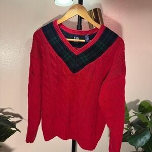 Gap Vintage‎ Cable Knit red V-Neck Sweater princess diana style kennedy 80s LG